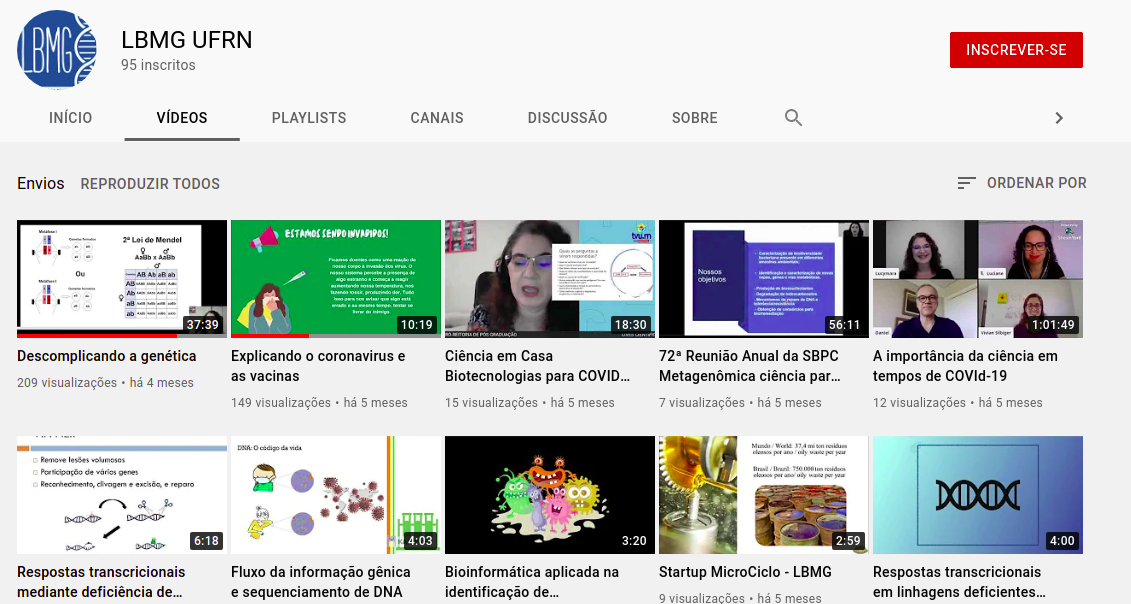 Página inicial do canal do youtube do Laboratório de Biologia Molecular e Genômica